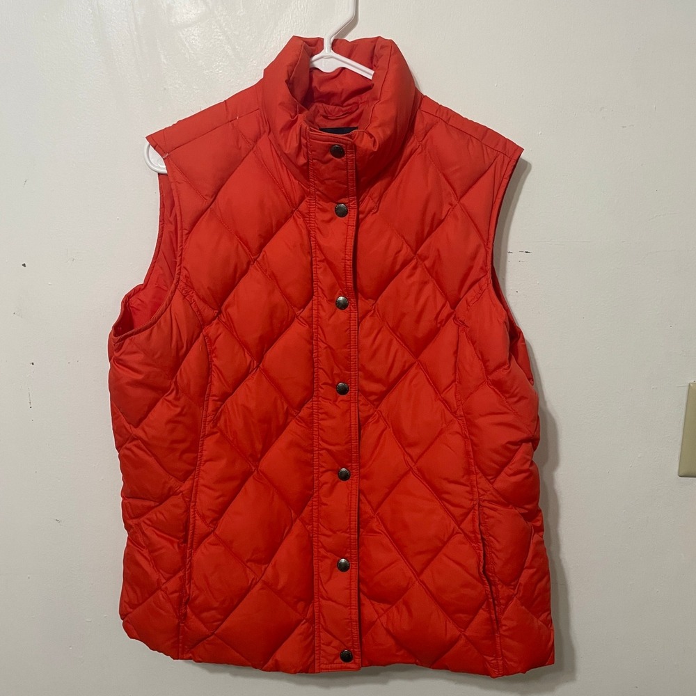 Lands End Womens Quilted Down Vest Orange Snap Front Puffer Size L 14-16